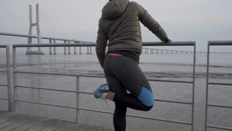 Rear-view-of-confident-young-woman-training-near-metal-fence-on-wooden-pier